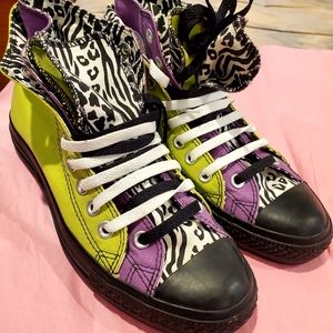 Converse High Top Sneakers in Lime Green, Purple & Black Zebra-Leopard Print